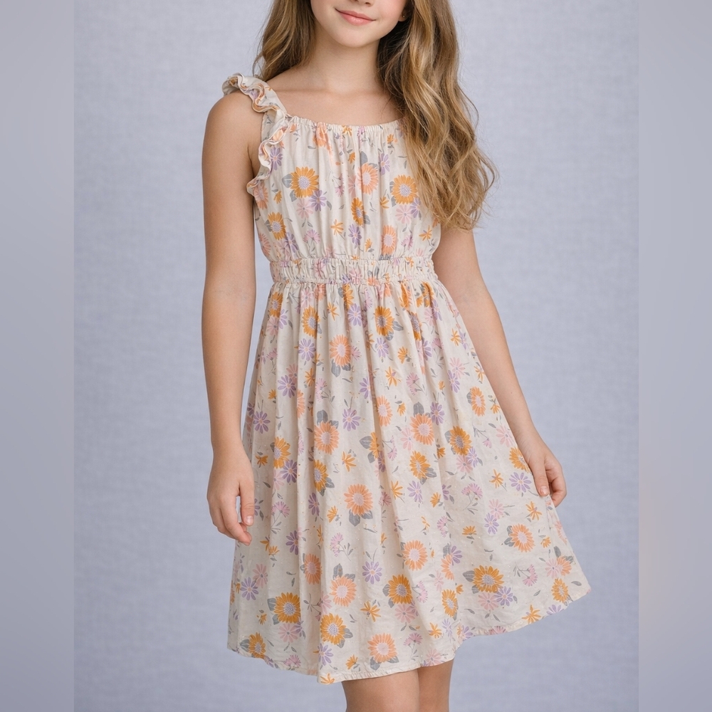 Floral Kids Dress in Cream and Orange with Ruffle Straps Elastic Waist Size L 10